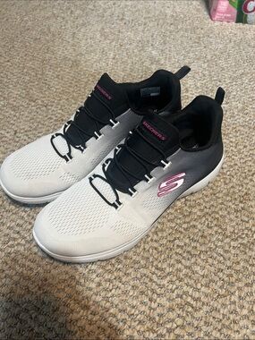 Skechers White and Black Slip-On Trainers with Pink Logo Accent